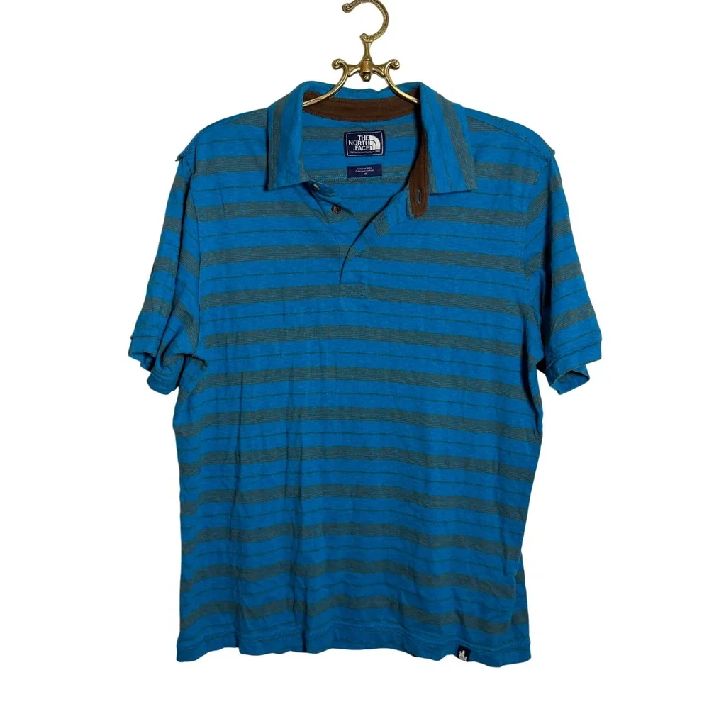The North Face‎ Mens Blue Brown Striped Cotton Polo Shirt Size M Short Sleeve